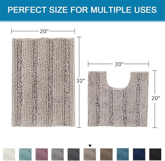 H.VERSAILTEX Bathroom Rugs Bath Rug Set 2 Piece Bathroom Contour Rug Toilet Mat Sets Non Slip Contour Bath Rug Ultra Thick Water Absorbent Striped Bath Mats Washable(20" x 32" Plus 20" x 20" U, Taupe)