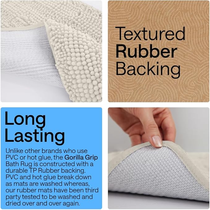 GORILLA GRIP Plush Absorbent Shaggy Chenille Bath Rug Mat for Oval Toilet Base with Rubber Backing, Machine Washable Rugs, Soft Microfiber Contour Mats for Toilets, Bathroom Decor, Ivory