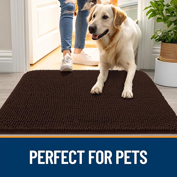 OLANLY Dog Door Mat for Muddy Paws 59x24, Absorbs Moisture and Dirt, Absorbent Non-Slip Washable Doormat, Quick Dry Chenille Mud Mat for Dogs, Entry Indoor Entryway Carpet for Inside Floor, Brown