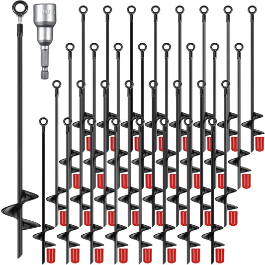 Chumia 24 Pcs 18 Inch Ground Anchor Spiral Blade Heavy Duty Earth Anchors Swing Set Metal Shed Kit for Garden Securing Trees Tents Trampoline Canopies Shelters (Black)