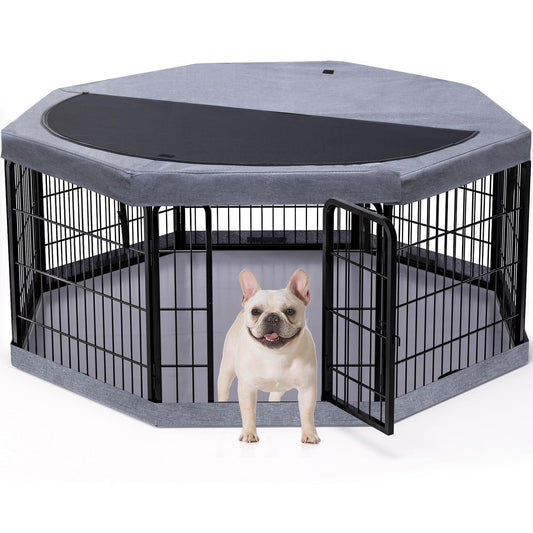 PETIME Dog Playpen,Metal Exercise Puppy Pen Heavy Duty Kennels Yard Fence Indoor/Outdoor 22" W x 24" H 8 Panels Dog Cage with Octagon Top Cover and Bottom Pad
