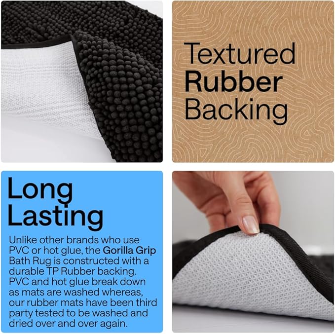 GORILLA GRIP Plush Absorbent Shaggy Chenille Bath Rug Mat for Oval Toilet Base with Rubber Backing, Machine Washable Rugs, Soft Microfiber Contour Mats for Toilets, Bathroom Decor, Black