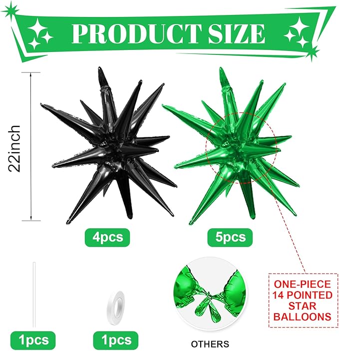 Black Green Star Balloons,9Pcs 22Inch Black Green Explosion Spike Cone Helium Polyester Film Star Foil Balloons for Birthday Anniversary Baby Shower Disco Party Decorations