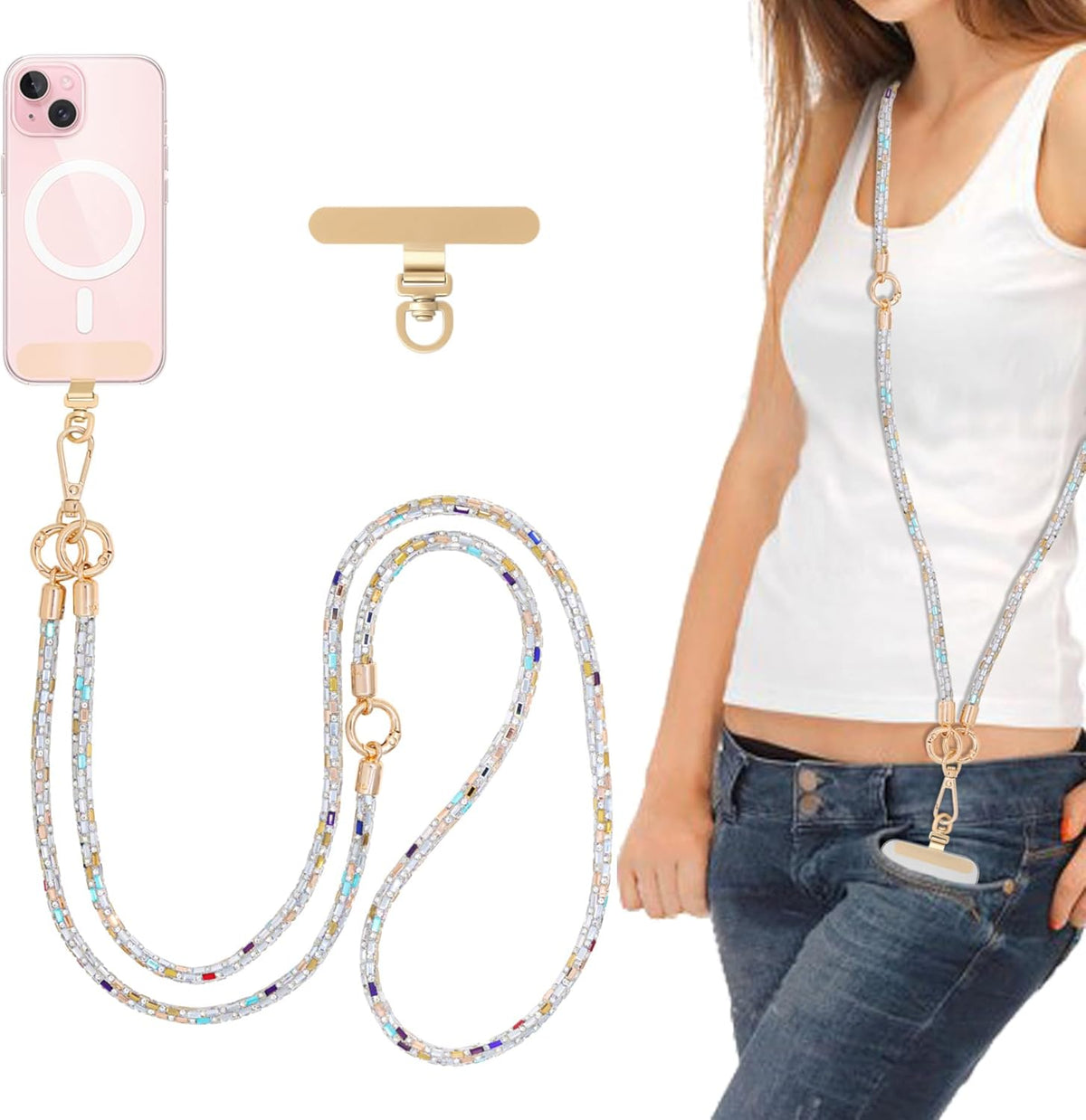 FUAHXYES Crystal Phone Strap Crossbody Rhinestone Anti Theft Layered Strap Crossbody Gold Metal Buckles Cell Phone Neck