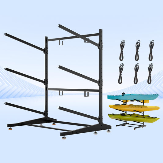 AlloyLake 3-Tier Freestanding Kayak Storage Rack, Heavy Duty Outdoor Canoe Stand for Garage & Dock, 330 lbs Capacity, Rust-Proof 304 Stainless Steel Hardware (Black)
