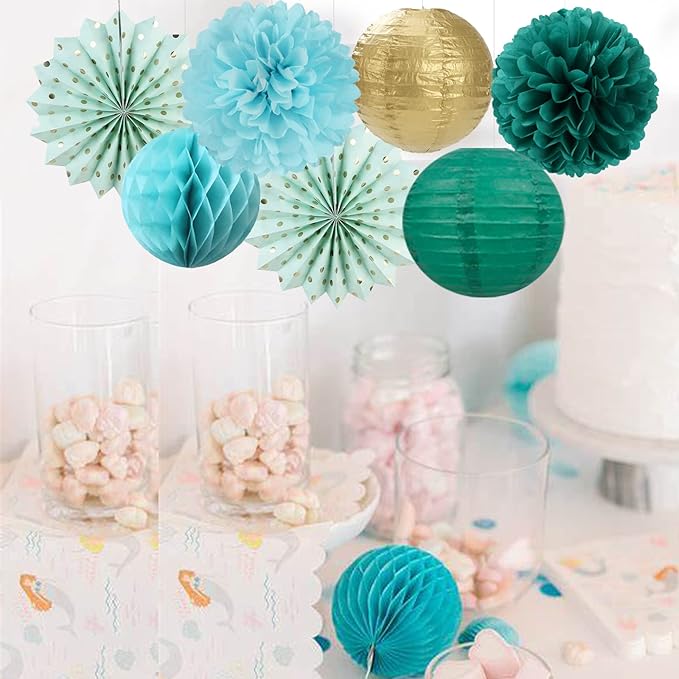 Sage-Green Teal-Blue Party-Decorations Streamers Lanterns - 14pcs Rustic Wedding Baby Shower Paper Lanterns Fan,Tissue Pom Poms,Honeycomb Balls,Birthday Bachelorette Engagement Bridal Decor Ouruola