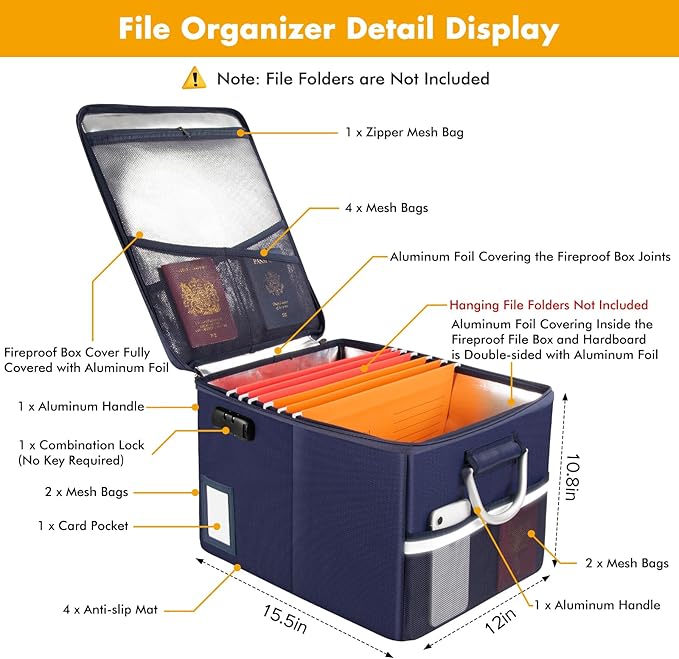 TOMKID 5200°F Fireproof Document Box, Fire Important Document Organizer with Lock, Upgraded Heat Insulated Filing Storage Cabinet Office Organization (5200°F Fireproof Box, Blue)