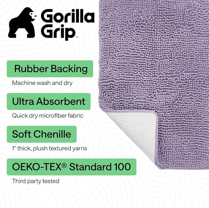 GORILLA GRIP Bath Rug Mat 44x26 Thick Soft Absorbent Chenille, Quick Dry Microfiber Mats, Rubber Backing Washable Shower Floor Rugs, Bathmat Runner Bathroom Home Decor Accessories Light Purple