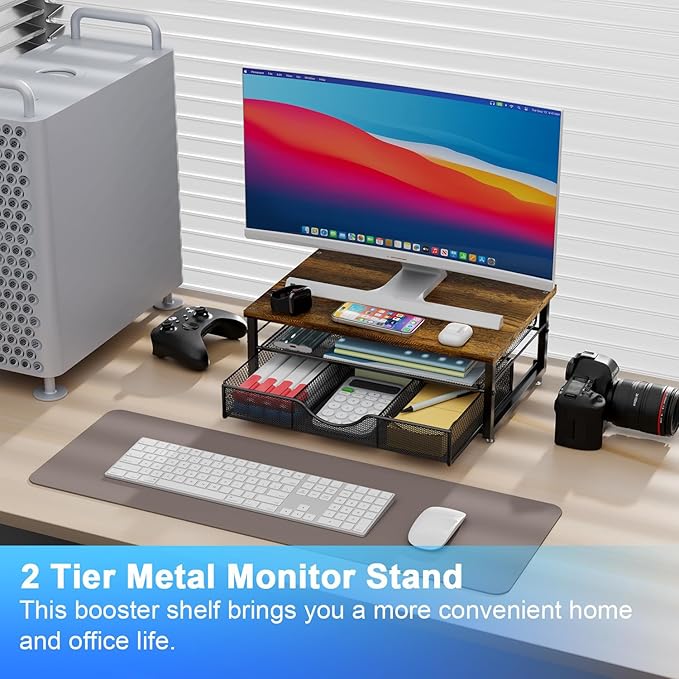 gianotter Computer Monitor Stand Riser, office organizer with Drawer, Office Organizers Storage for Classroom Office Supplies (Wood)
