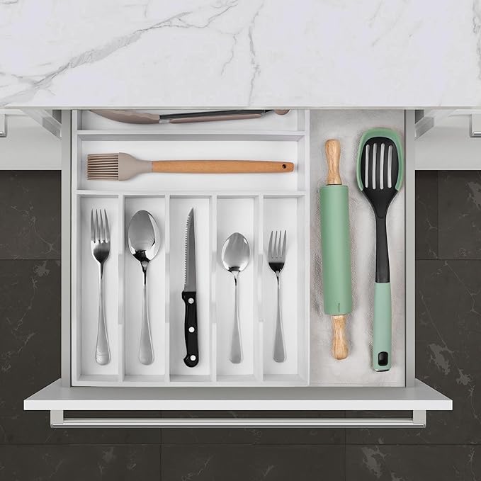 Kitchen Bamboo Silverware Organizer, Kitchen Drawer Organizer - Utensil Holder and Cutlery Tray with Grooved Drawer Dividers for Flatware 7 Slot, White