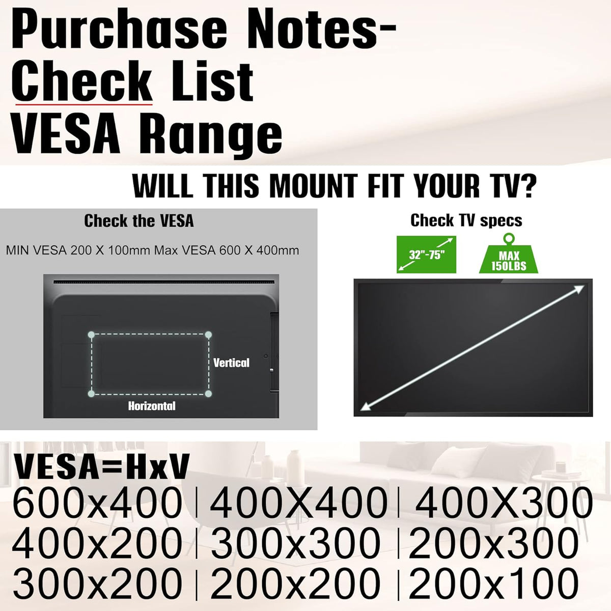 AENTGIU 32-75 Inch 600x400mm, 150 lbs Studless TV Wall Mount, No Drill Drywall TV Mount for Smart TVs, Max VESA Low