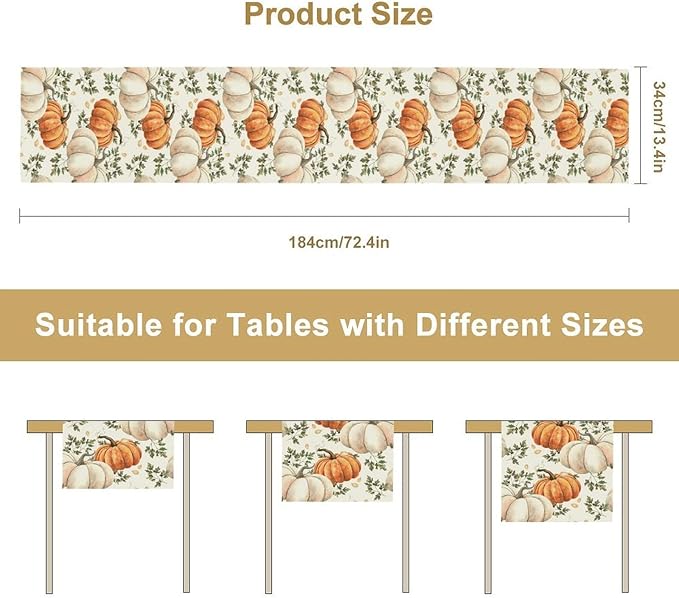 Fall Pumpkin Table Runner White Orange Vegetables Seeds Parsley Watercolor Hand-Painted Illustration Home Decor for Farmhouse Indoor Outdoor Party Holiday Dining Kitchen Restaurant Cafe W13xL90in