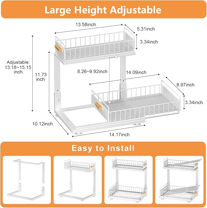 Under Sink Organizer, High Adjustable 2 Tier Under Kitchen Sink Organizer, Multi-Purpose Storage Shelf for Kitchen Bathroom Cabinet, White