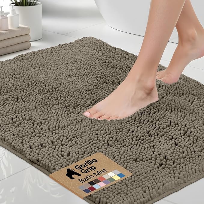 GORILLA GRIP Bath Rug Mat 44x26, Thick Soft Absorbent Chenille, Quick Dry Microfiber Mats, Rubber Backing Washable Shower Floor Rugs, Bathmat Runner, US Designed Bathroom Home Decor Accessories Latte