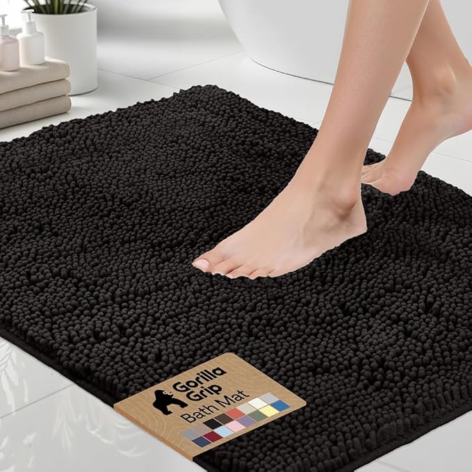 GORILLA GRIP Bath Rug Mat 60x17, Thick Soft Absorbent Chenille, Quick Dry Microfiber Mats, Rubber Backing Washable Shower Floor Rugs, Bathmat Runner, US Designed Bathroom Home Decor Accessories Black