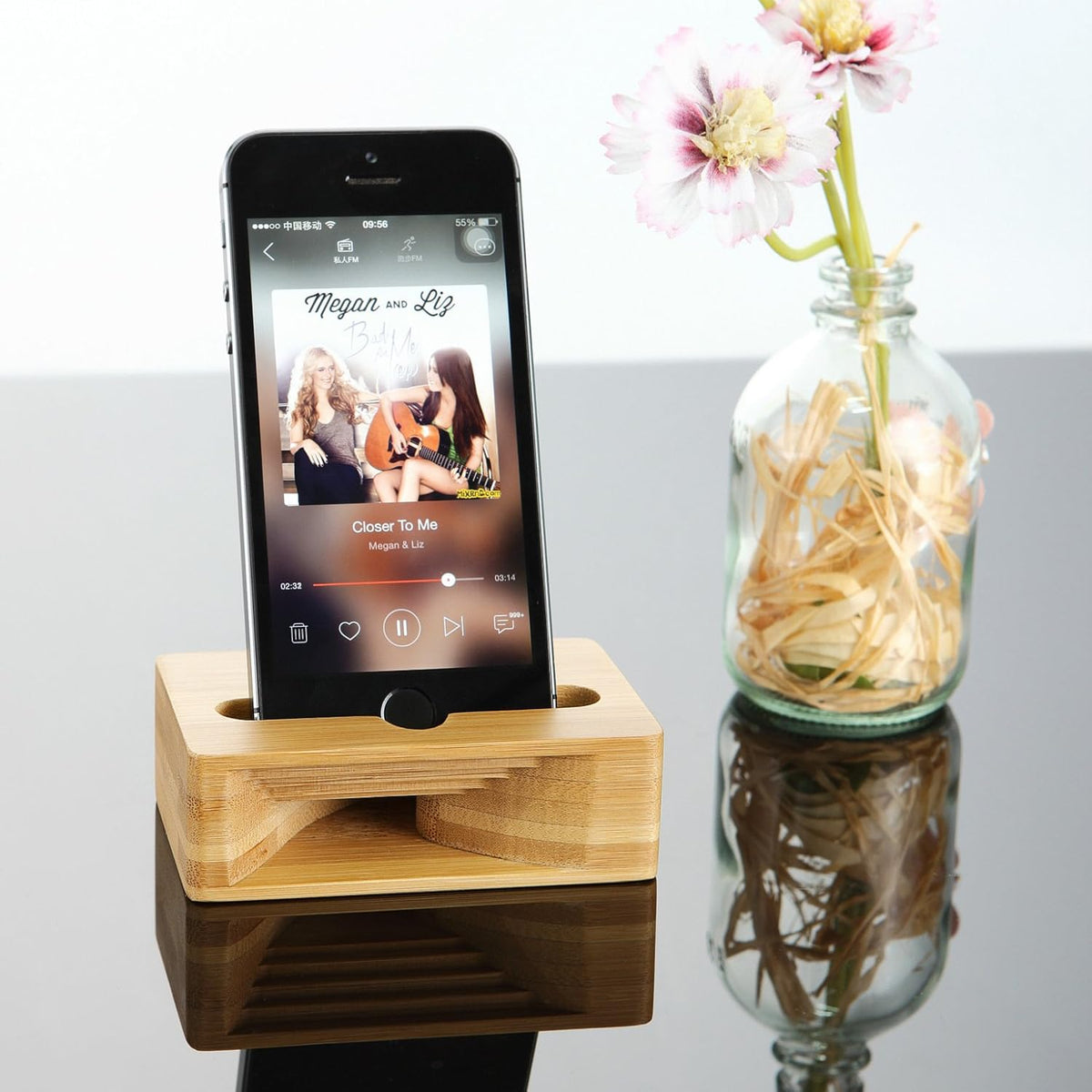 Fanshu 5.5 Inches Cell Phone Stand Amplifier, Desktop Mobile Phone Holder, Universal Portable Wood Cellphone Dock on