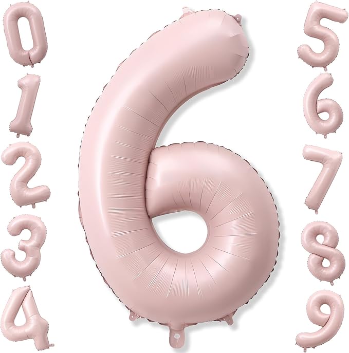 Light Pink Number Balloon 6, 40 Inch Large Self Inflating 6 Foil Number Balloons 0-9, Blush Pastel Pink Digital 6 Helium Balloon for Girls Women 6th Birthday Party Graduation Anniversary Decorations