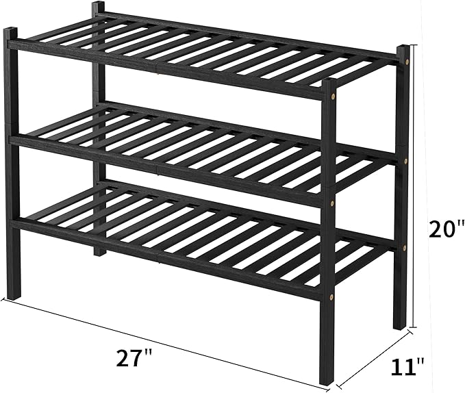 3 Tier Bamboo Shoe Rack for Closet Free Standing Wood Shoe Shelf Storage Organizer for Entryway Small Space Stackable 27"x11"x20" (Black)