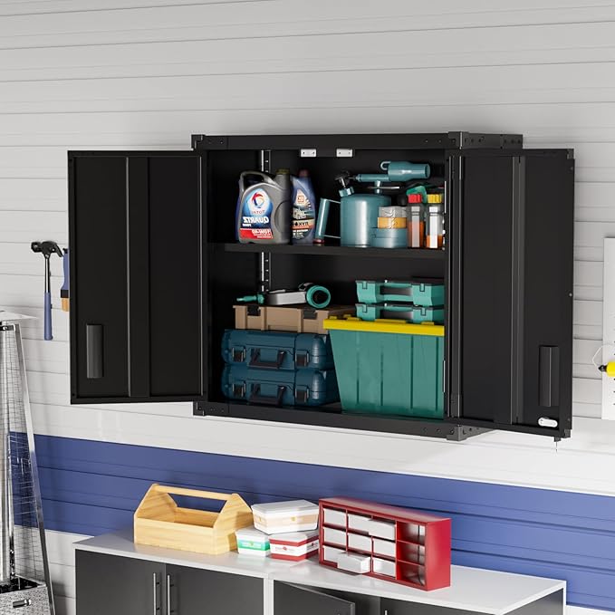 VINGLI Garage Wall Cabinet with Locking Doors and Adjustable Shelf, Metal Wall Cabinet, Floating Upper Storage Cabinet (Black, 30''W x 12''D x 28''H)