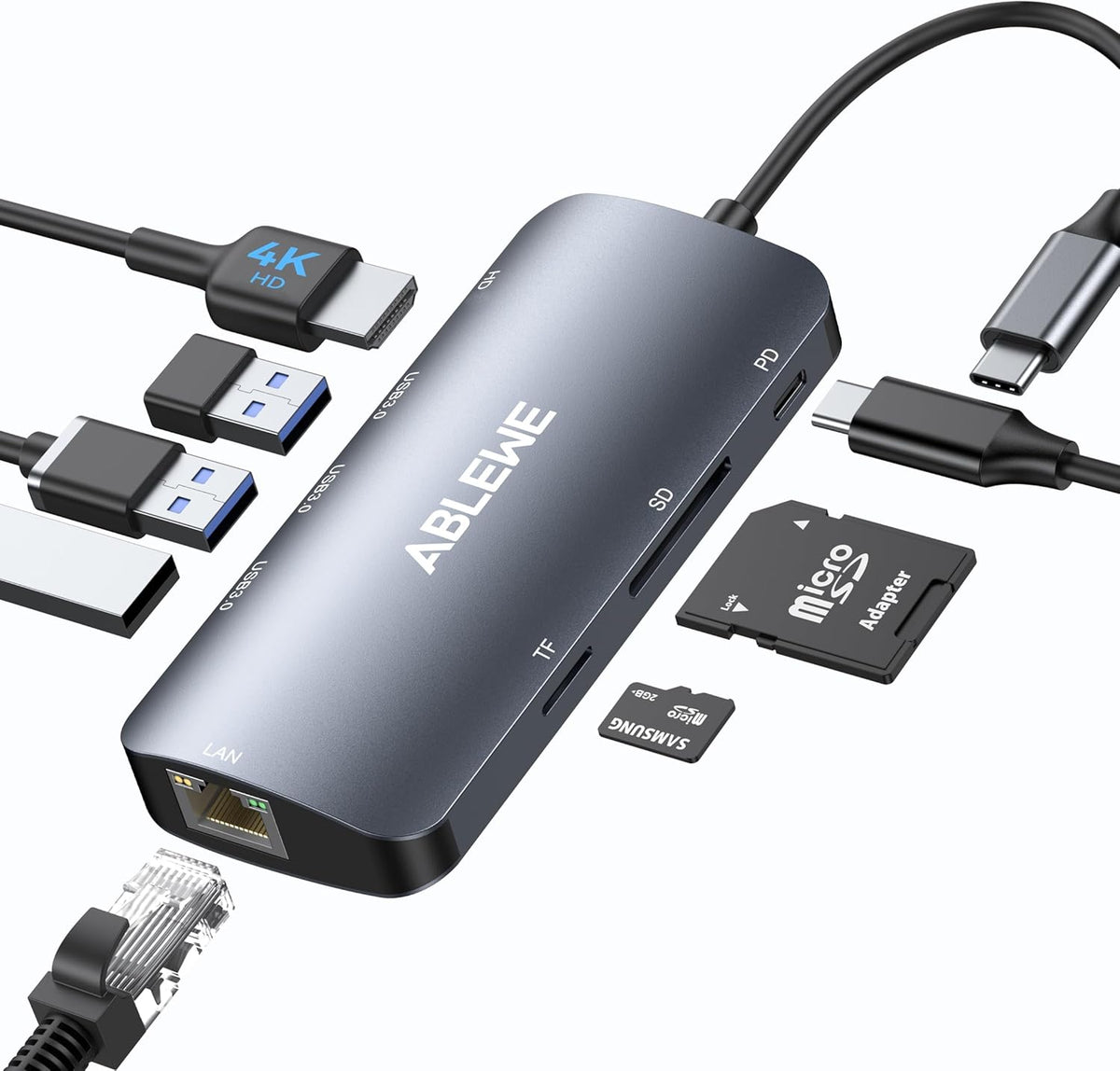 ABLEWE 8 1 4K@60Hz Adapter,1000Mbps, 100W 3 3.0 USB C Hub Ethernet, Multiport USB C to HDMI Hub, in USBC PD, USB Ports