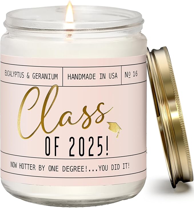 Graduation Gifts for Her "Class of 2025" Soy Candle, w/Eucalypus & Geranium I College Graduation Gifts for Her I 2025 Graduation Gifts I 9oz Reusable Jar, 50Hr Burn, Made in USA
