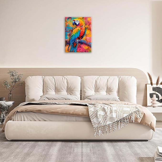Parrot Wall Art, Graffiti Parrot Pictures Wall Decor, Colorful Birds Canvas Prints, Banksy Animal Painting, Framed Artwork for Bathroom Living Room Bedroom Office Dining Room 24"X16"