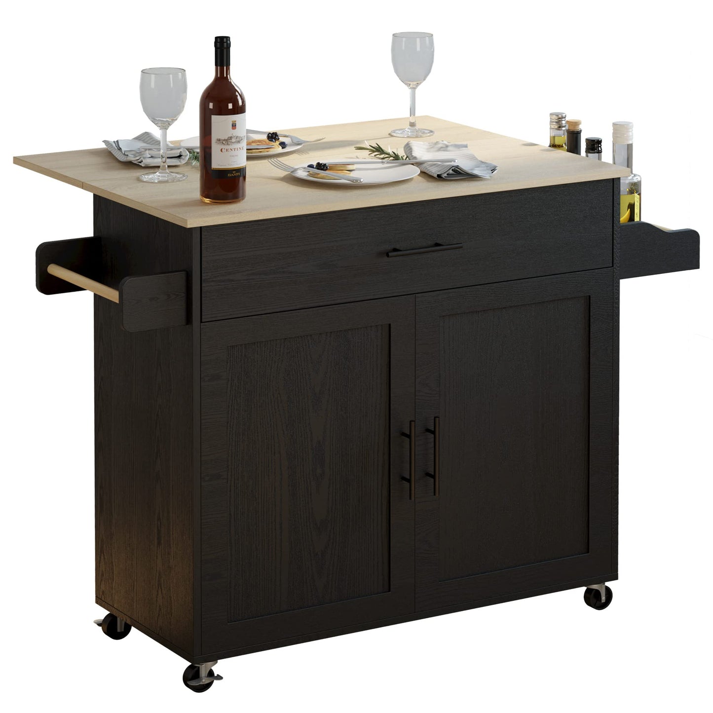 IRONCK Rolling Kitchen Island Table on Wheels with Drop Leaf, Storage Cabinet, Drawer, Spice/Towel Rack, Kitchen Cart, 47.25" Wide Black