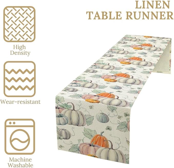 Fall Pumpkin Table Runner Vintage Leaves Plant Motifs Thanksgiving Theme Watercolor Illustration Home Decor for Farmhouse Indoor Outdoor Party Holiday Dining Kitchen Restaurant Cafe W13xL60in