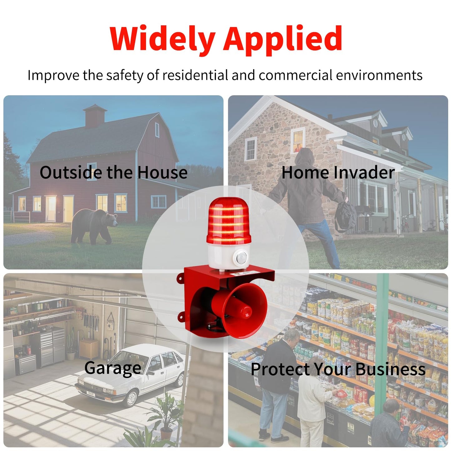 Motion Sensor Alarm with Human Detection,120dB Adjustable Siren & LED Strobe Lights Outdoor Security Alarm for Home Theft,Animal Intrusion,Garden Protection,Property Protection,AC110V with Plug
