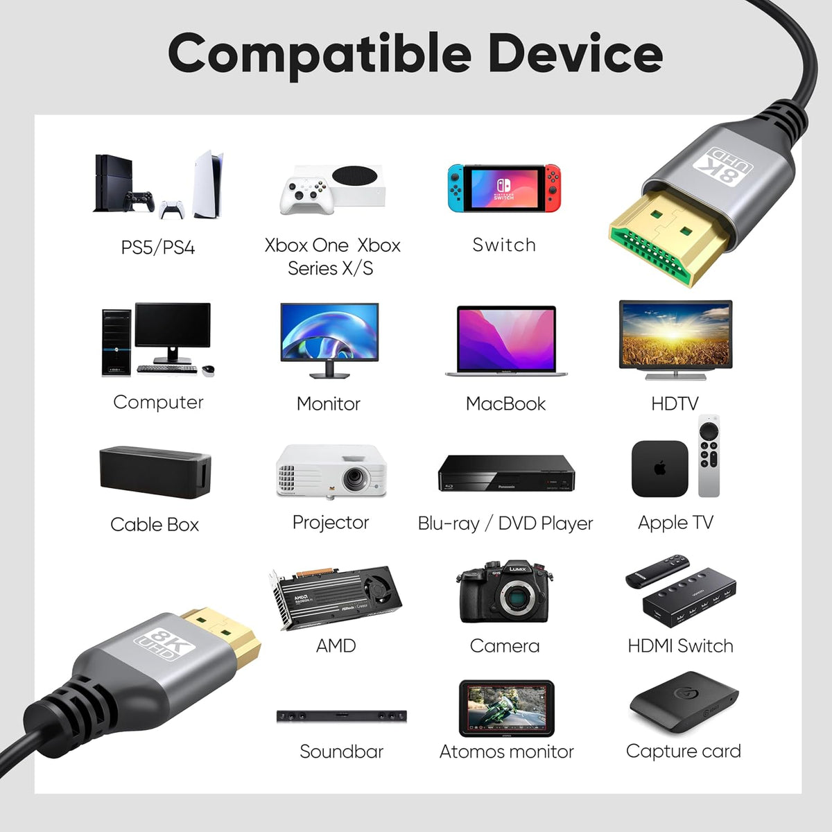 8K 6FT 5-Pack, 48Gbps 2.1 HDCP2.3, Dolby HDR10+ PS5, Slim HDMI Cables Ultra High-Speed, HDMI Cord Supports VRR, ALLM