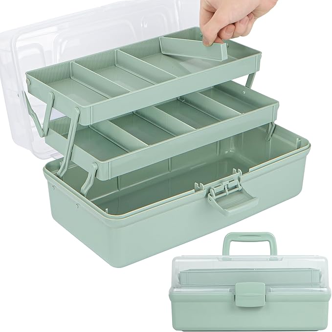 12.5in 3-Layer Multipurpose Craft Organizers and Storage with Adjustable Dividers, Portable Tackle Box, Folding Art & Craft Case for Medicine, Tool, Sewing Organizer (Haze Green)