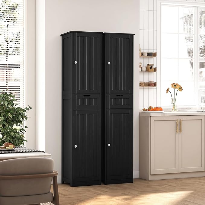 Iwell Tall Black Bathroom Cabinet with 2 Doors and 1 Drawer, Bathroom Storage Cabinet with Adjustable Shelves, Narrow Storage Unit for Living Room, Entryway, Kitchen, Black