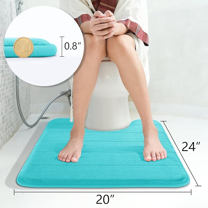 Yimobra Memory Foam Toilet Bath Mat U-Shaped, Soft and Comfortable, Super Water Absorption, Non-Slip, Thick, Machine Wash and Easier to Dry for Bathroom Commode Contour Rug, 24 X 20 Inches, Lake Blue