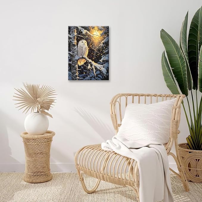 Owl Wall Art, Winter Snow Owl Pictures Wall Decor, Forest Animal Canvas Prints Painting, Framed Artwork for Bathroom Living Room Bedroom Office Dining Room 20"X16"