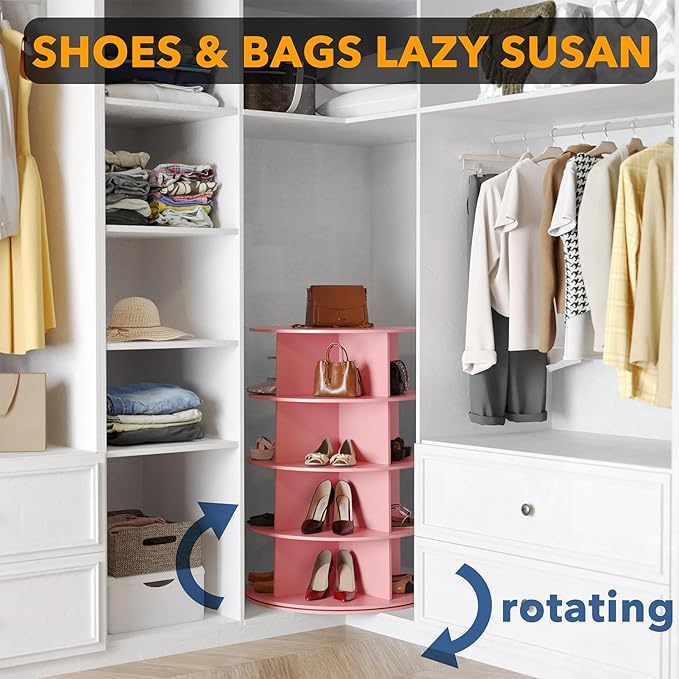 SpaceAid 4 Tier Rotating Shoe Rack Tower, Spinning Shoe Display Lazy Susan, Revolving 360 Shoe Rack Storage Round Carousel, Vertical Handbag Rotate Shoes Closet Organization (4-Tier Pink)