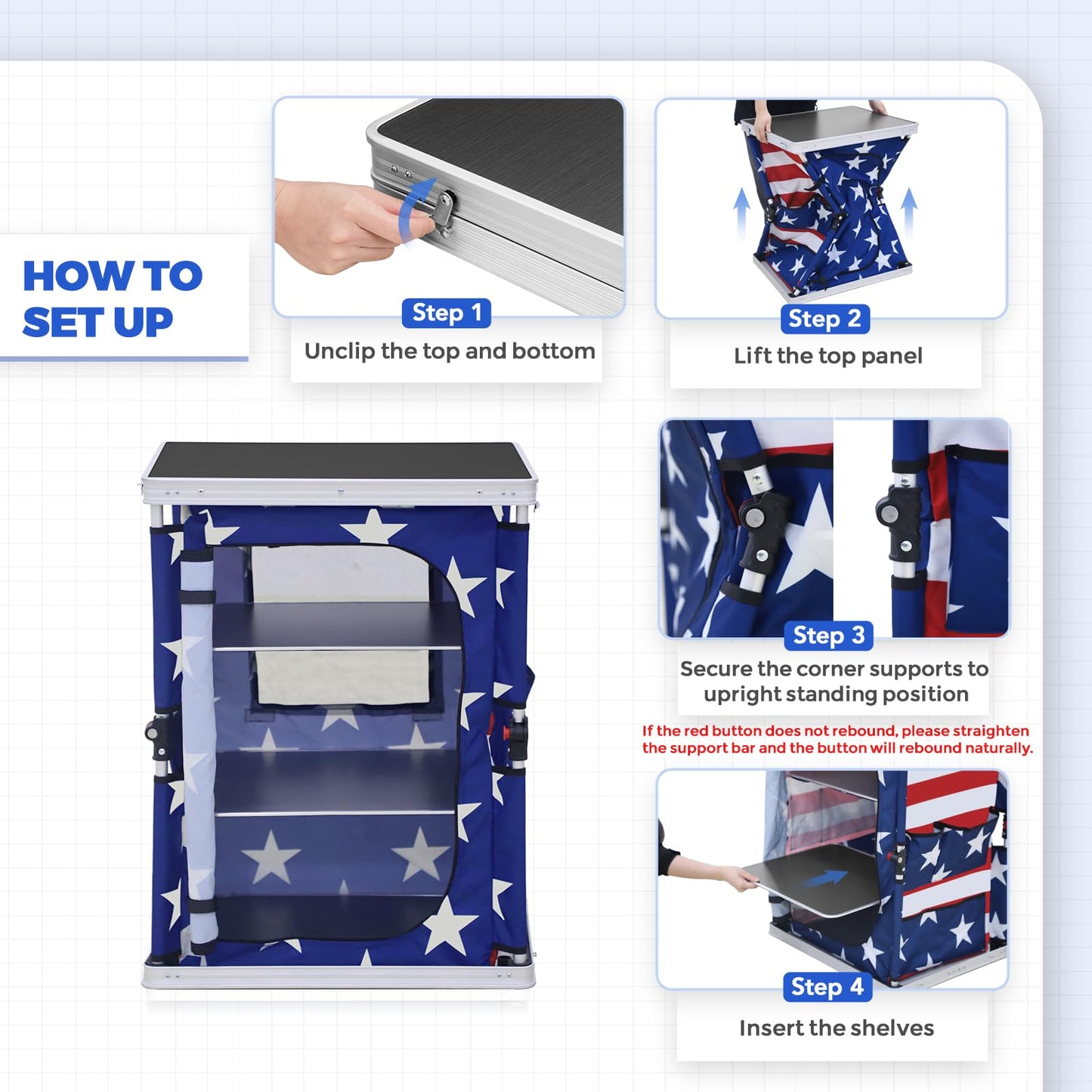 EAGLE PEAK Outdoor Folding Camping Table with Large 3-Tier Storage Organizer and Side Pockets, Easy Set Up Portable Aluminum Camping Kitchen, American Flag