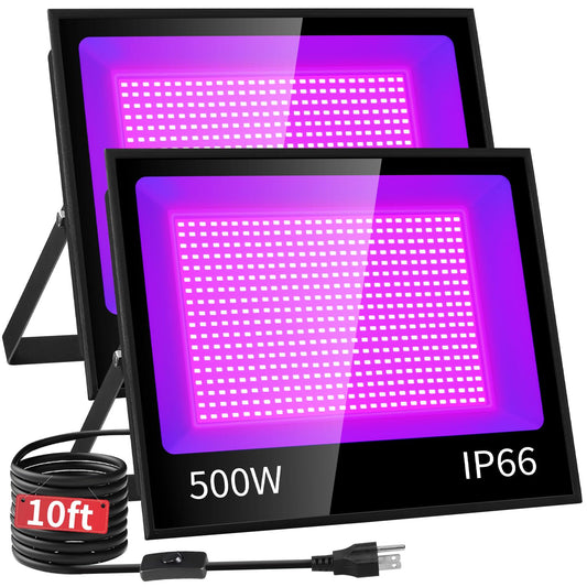 500W LED Black Light IP66 Waterproof, Outdoor Blacklight Flood Light with Plug+Switch, Powerful for Neon Glow in the Dark Party Large Space Gym Club Halloween Stage Lighting Fluorescent Poster, 2 Pack