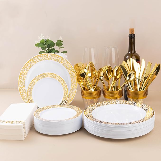 700PCS Gold Plastic Dinnerware Set for 100 Guests, Disposable Plates for Party, Include 100 Gold Dinner Plates, 100 Dessert Plates, 100 Set Silverware, 100 Cups, 100 Napkins