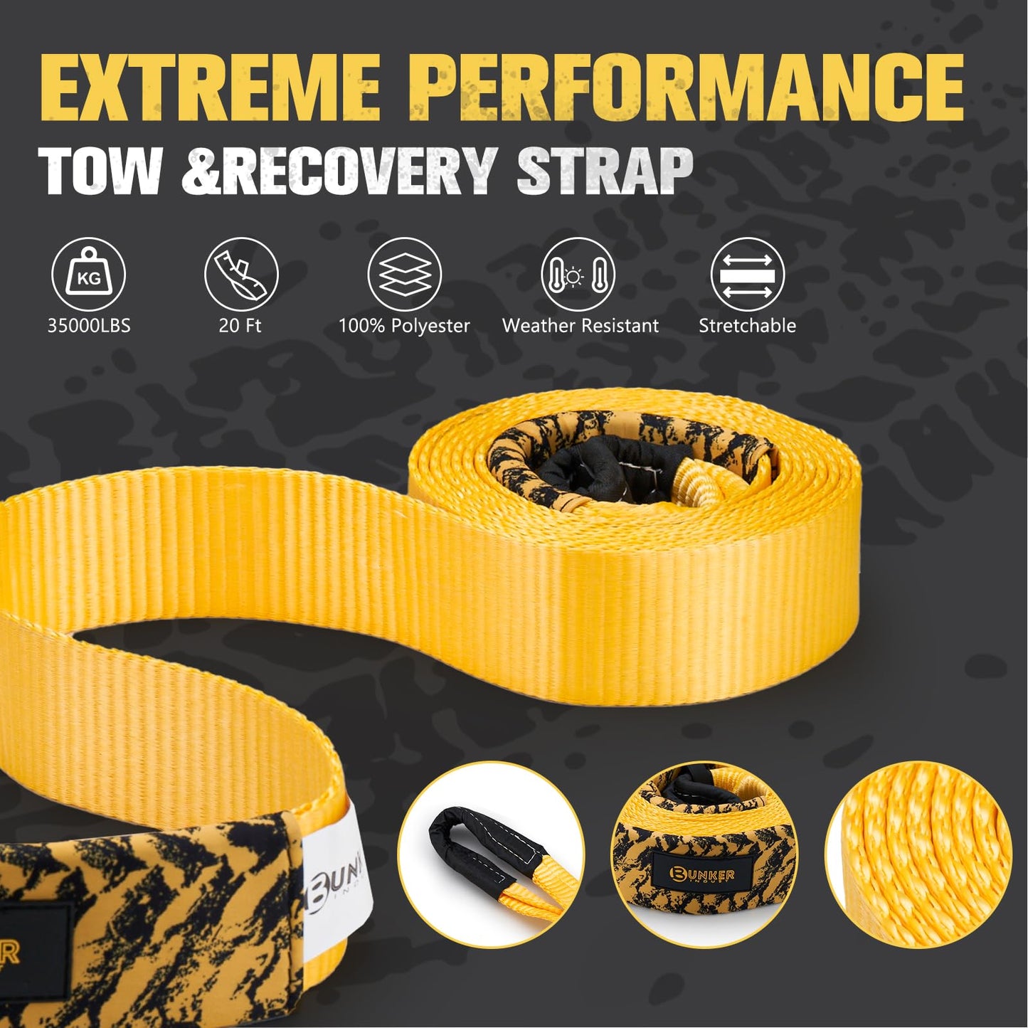 BUNKER INDUST Off Road Traction Boads + 3" x 20ft Recovery Straps + Pair 3/4 D Ring Shackles + Bag 35,000 lbs Tree Saver Winch Strap