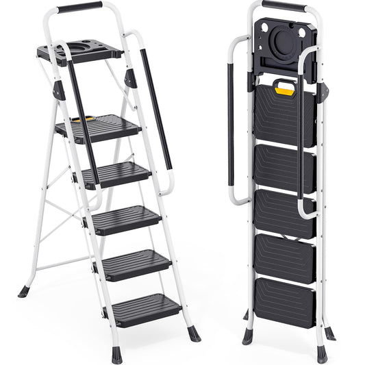 TOOLF 5 Step Ladder, Sturdy Steel Step Stool with Tool Platform, Anti-Slip Wide Pedals, Handrail, Safe-Lock Design, Folding Portable Ladder for Home, Kitchen, Pass 800lbs Load Testing, White