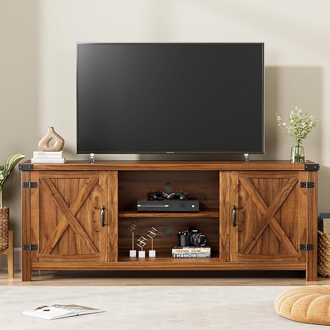 YESHOMY Modern Farmhouse TV Stand with Two Barn Doors and Storage Cabinets for Televisions up to 65+ Inch,Entertainment Center Console Table,Media Furniture for Living Room,58 Inch, Walnut,YH-TS103DWA