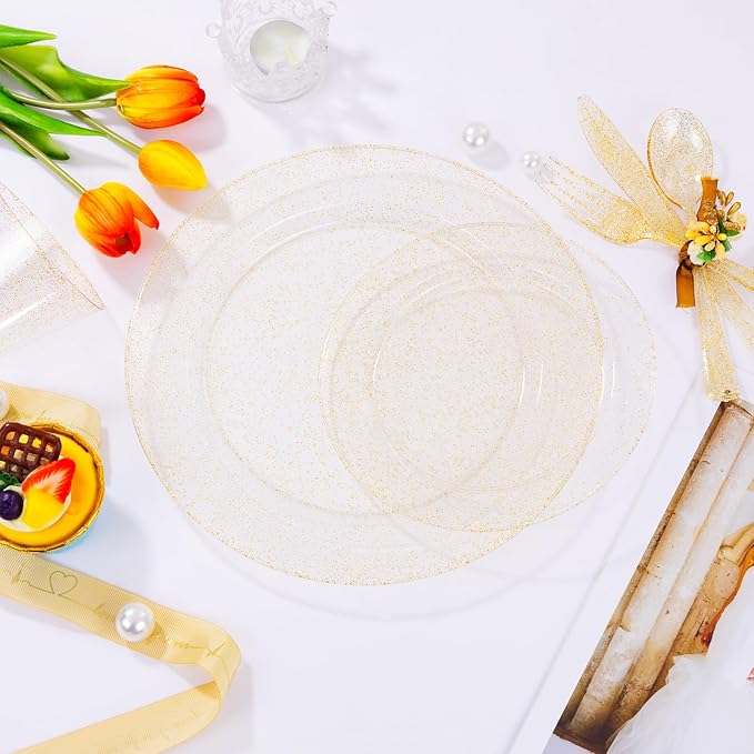 I00000 350 Pcs Gold Glitter Plastic Dinnerware Set for 50 Guests, Plastic Disposable Plates for Party, Include: 50 Dinner Plates,50 Dessert Plates,50 Paper Napkins, 50 Cups, 50 Silverware Set