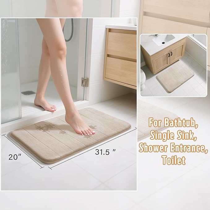 Yimobra Memory Foam Bath Mat, Super Soft Absorbent Bathroom Rug Non Slip 31.5x20 Inch, Quick Dry, Machine Washable Floor Carpet for Tub Shower, Home Decor Accessories, Beige