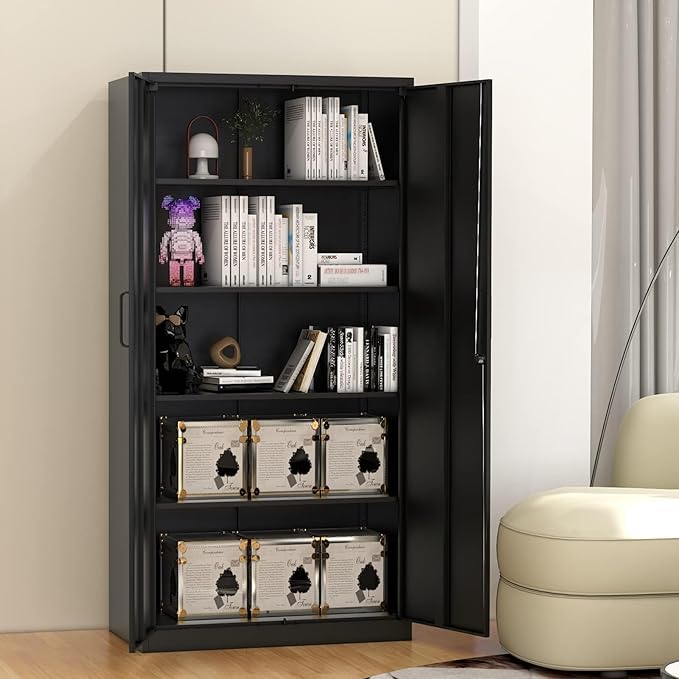 Metal Storage Cabinet-71” Tall Steel File Cabinets with Lockable Doors and Adjustable Shelves-Black Steel Storage Cabinet for Home, School, Office, Garage