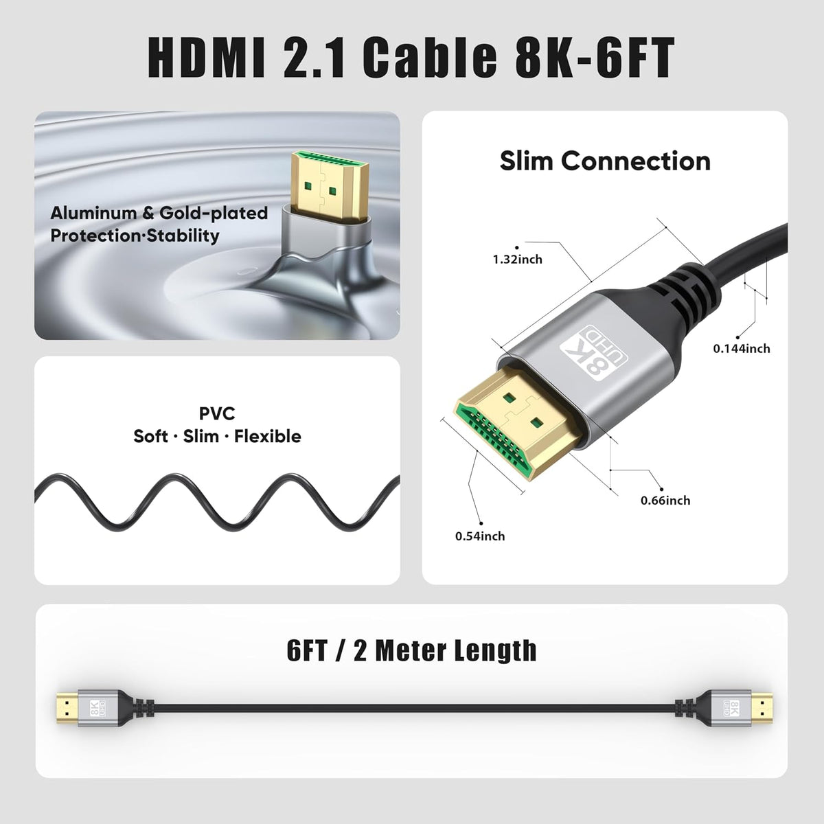 8K 6FT 5-Pack, 48Gbps 2.1 HDCP2.3, Dolby HDR10+ PS5, Slim HDMI Cables Ultra High-Speed, HDMI Cord Supports VRR, ALLM