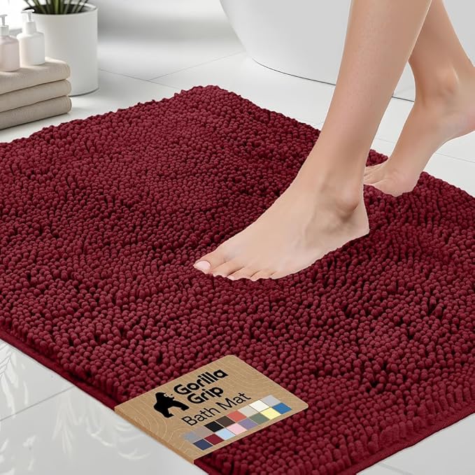 GORILLA GRIP Bath Rug Mat 48x24, Soft Absorbent Chenille, Quick Dry Microfiber Mats, Rubber Backing Washable Shower Floor Rugs, Bathmat Runner, US Designed Bathroom Home Decor Accessories Burgundy