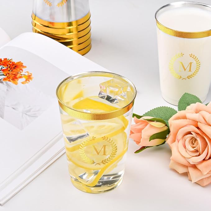100 Pieces Monogrammed Plastic Cups Gold Foil Letter M Disposable Cups 12 oz Clear Initial Party Cups for Wedding Birthday Baby Shower Personalized Party Drinkware