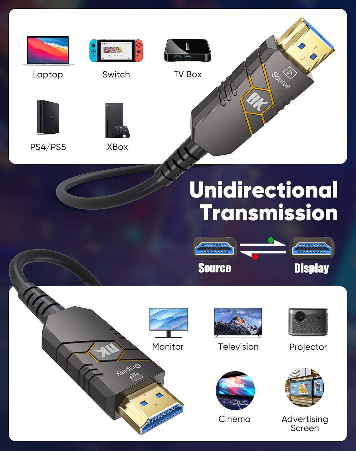 8K 50FT, 48Gbps 2.1 8K@60Hz, 4K@120Hz, HDR10+, 2.3 PS5/4/3 Fiber Optic HDMI Cable High Speed HDMI Cable, Support SBTM