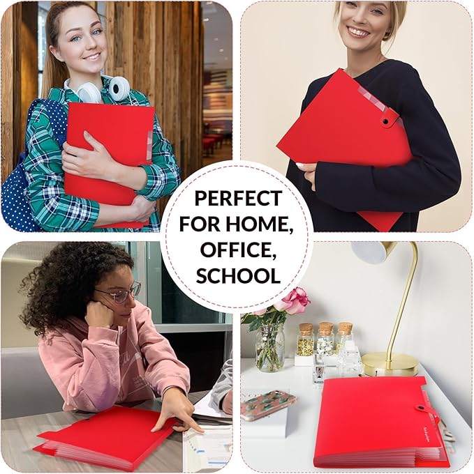 SKYDUE 8 Pockets Expanding File Organizer, Expandable File Folders with Pockets, Portable Document Paper Organizer, A4 Letter Size Filing Folder, Snap Closure, Red