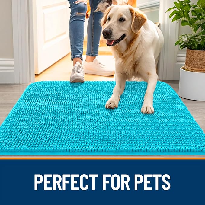 OLANLY Dog Door Mat for Muddy Paws 34x21, Absorbs Moisture and Dirt, Absorbent Non-Slip Washable Doormat, Quick Dry Chenille Mud Mat for Dogs, Entry Indoor Entryway Carpet for Inside Floor, Aqua Blue